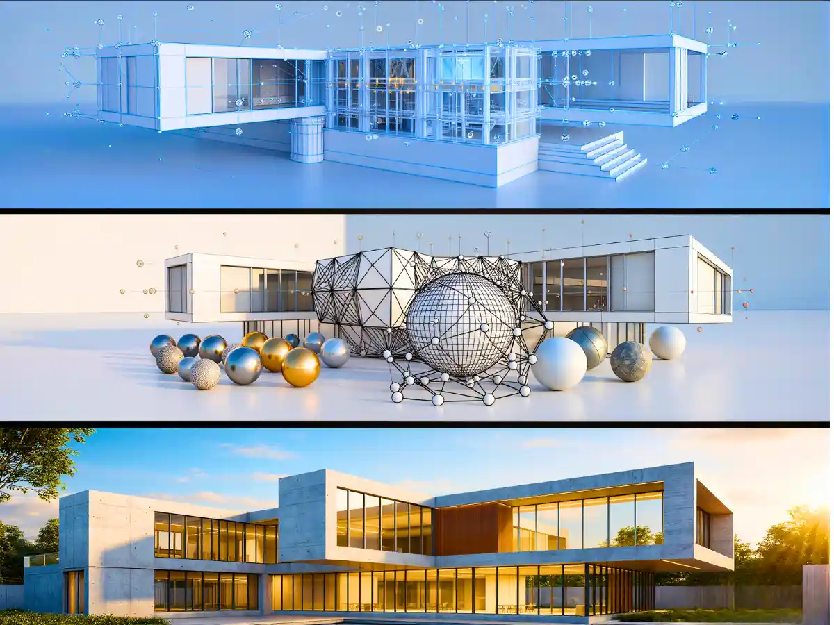 Professional 3D building designer workspace showing complete workflow pipeline from CAD modeling to photorealistic architectural rendering with BIM integration and visualization tools 2025