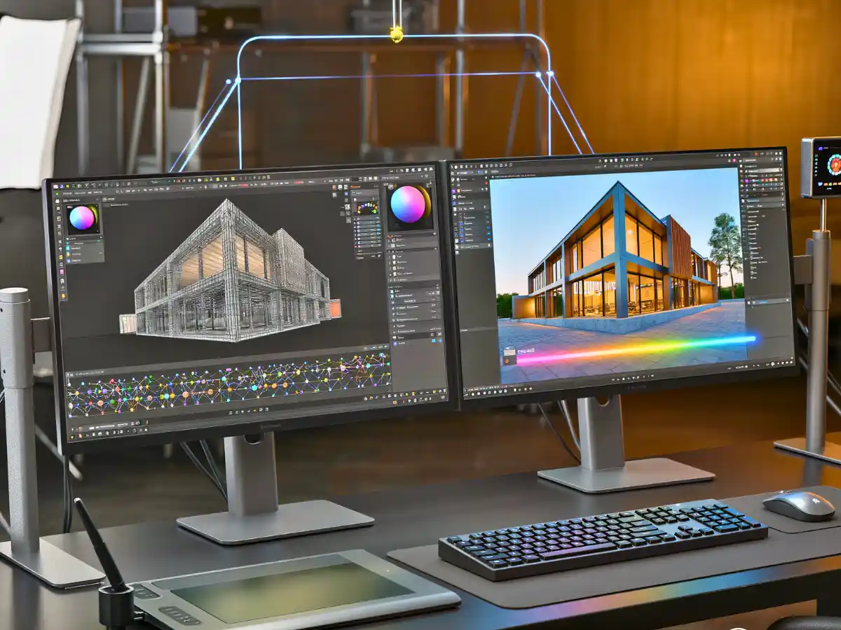 Professional 3D visualizer workspace setup showing dual monitors with architectural modeling viewport, photorealistic rendering output, graphics tablet and color-calibrated display for visualization work 2025
